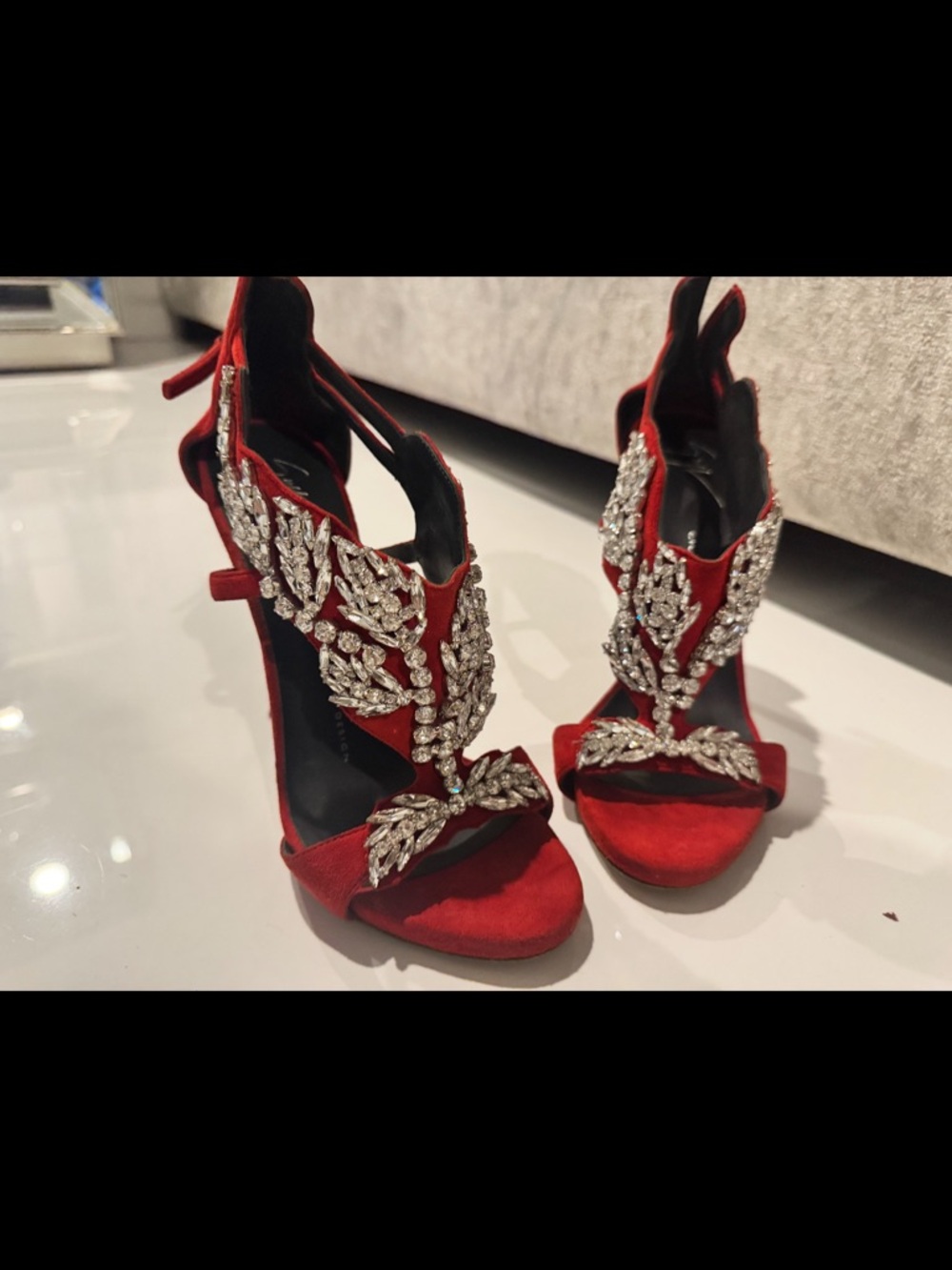 Giuseppe Red Embellished Evening Sandals with Crystal Leaf